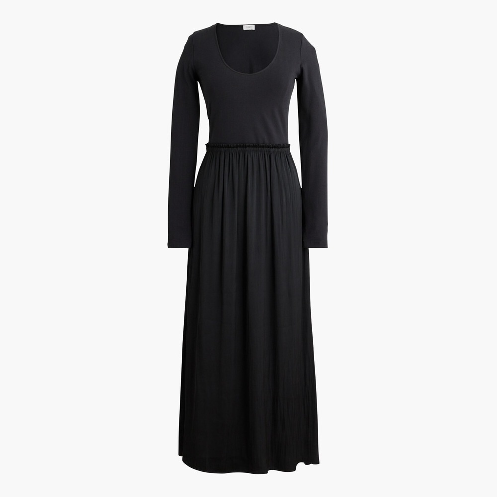 NWT J Crew long sleeve black midi maxi dress cotton satin scoop neck mixed media - Picture 3 of 12